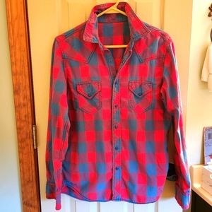 Vintage western plaid button snap enamel blue red attractive